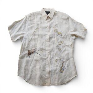 Suzelle VTG Music Embroidered Button Up Shirt Women's 14 Cream / Gold
